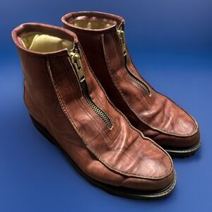 HH Double H Stadium Boots Brown Leather Sz 11.5 EEE Front Zip USA Made - MINT